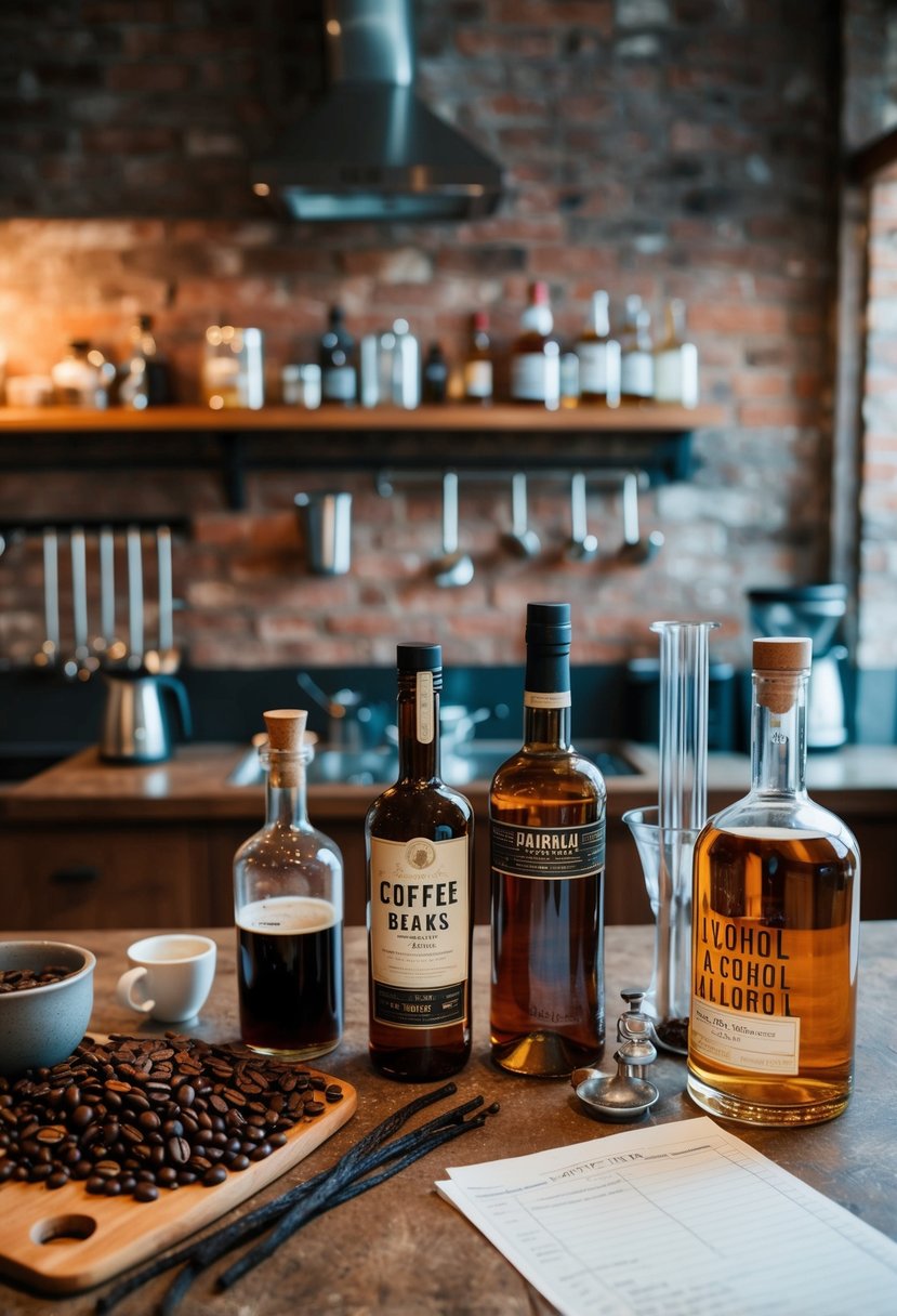 A rustic kitchen counter with coffee beans, vanilla pods, and bottles of alcohol, surrounded by brewing equipment and recipe notes