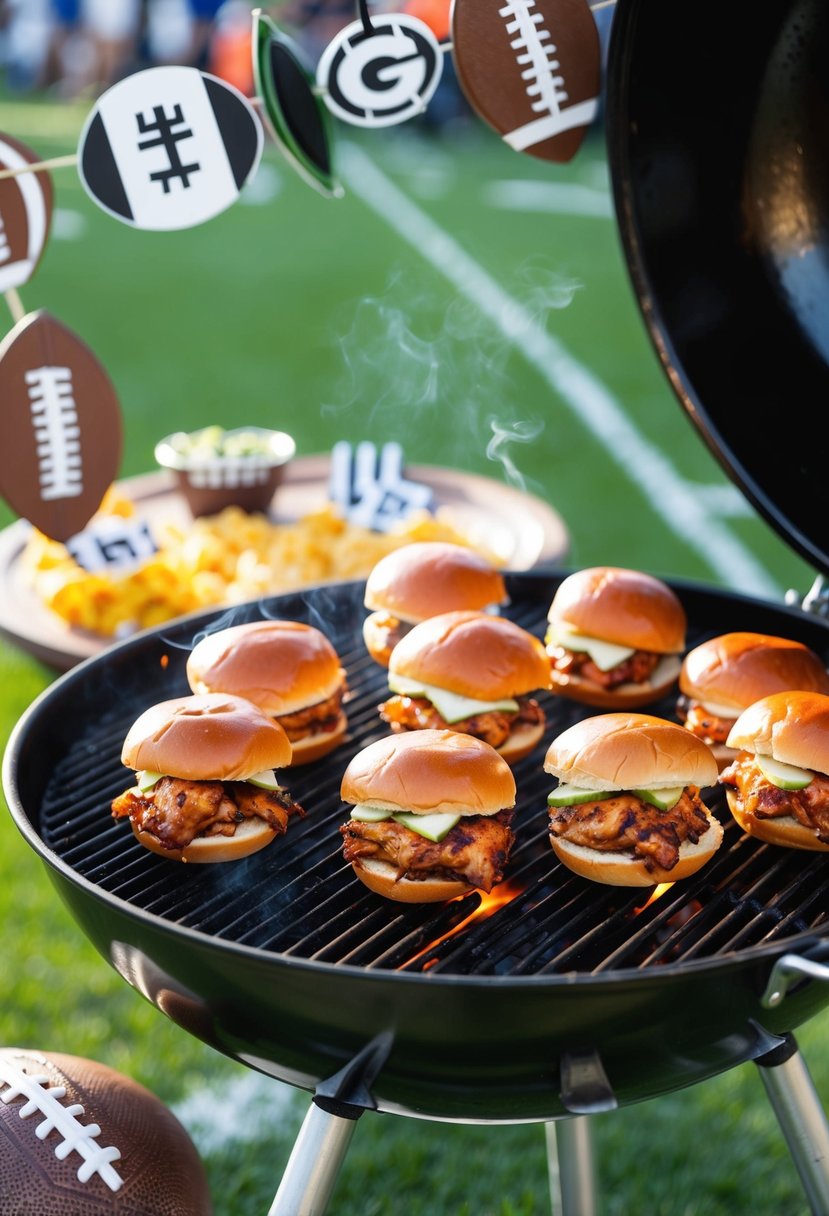 A sizzling grill with BBQ chicken sliders, football decor, and a lively game day atmosphere