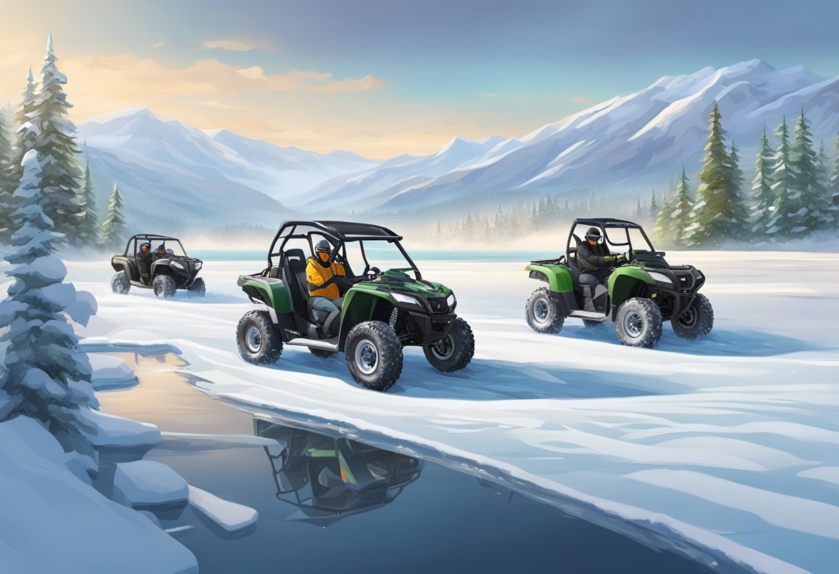 An ATV with snow tires navigating through a snowy landscape while a Side by Side vehicle with ice traction solutions drives across a frozen lake