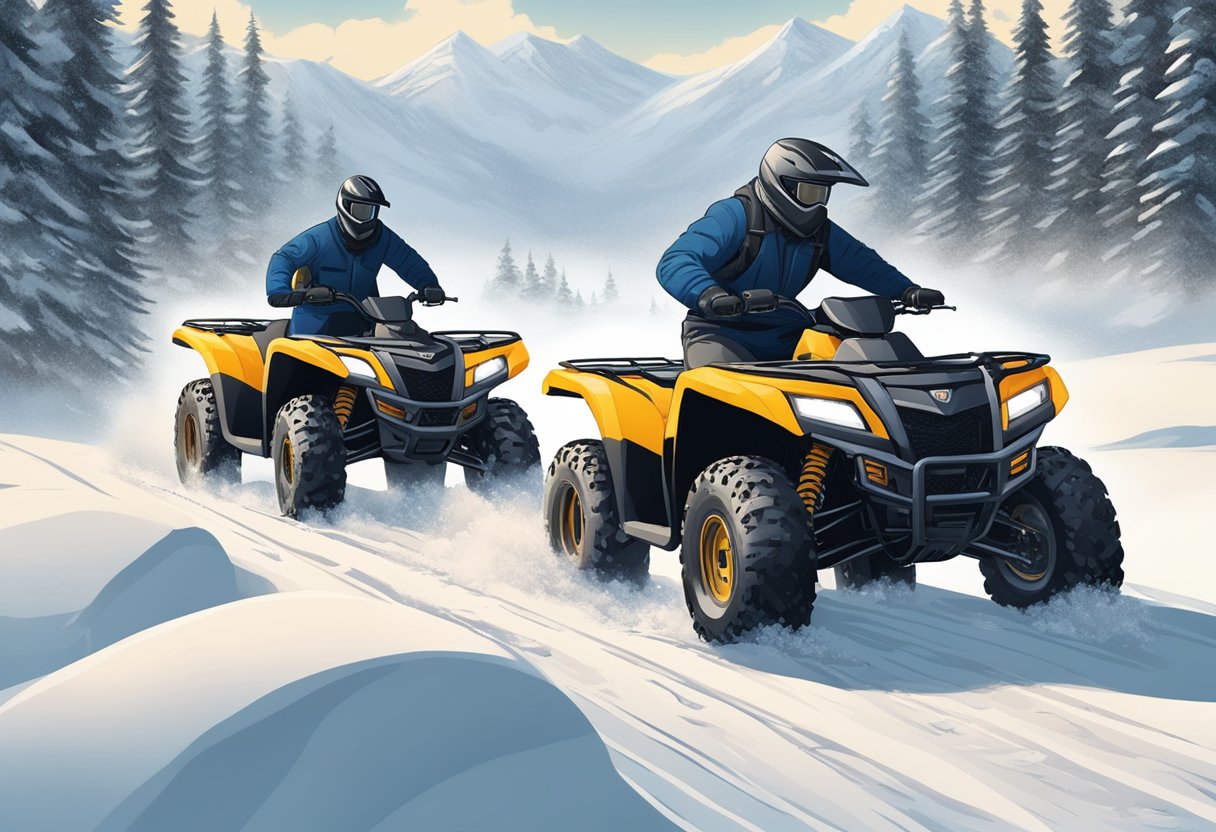 An ATV and a Side by Side vehicle navigating through snowy and icy terrain, showcasing the different tire options for winter traction