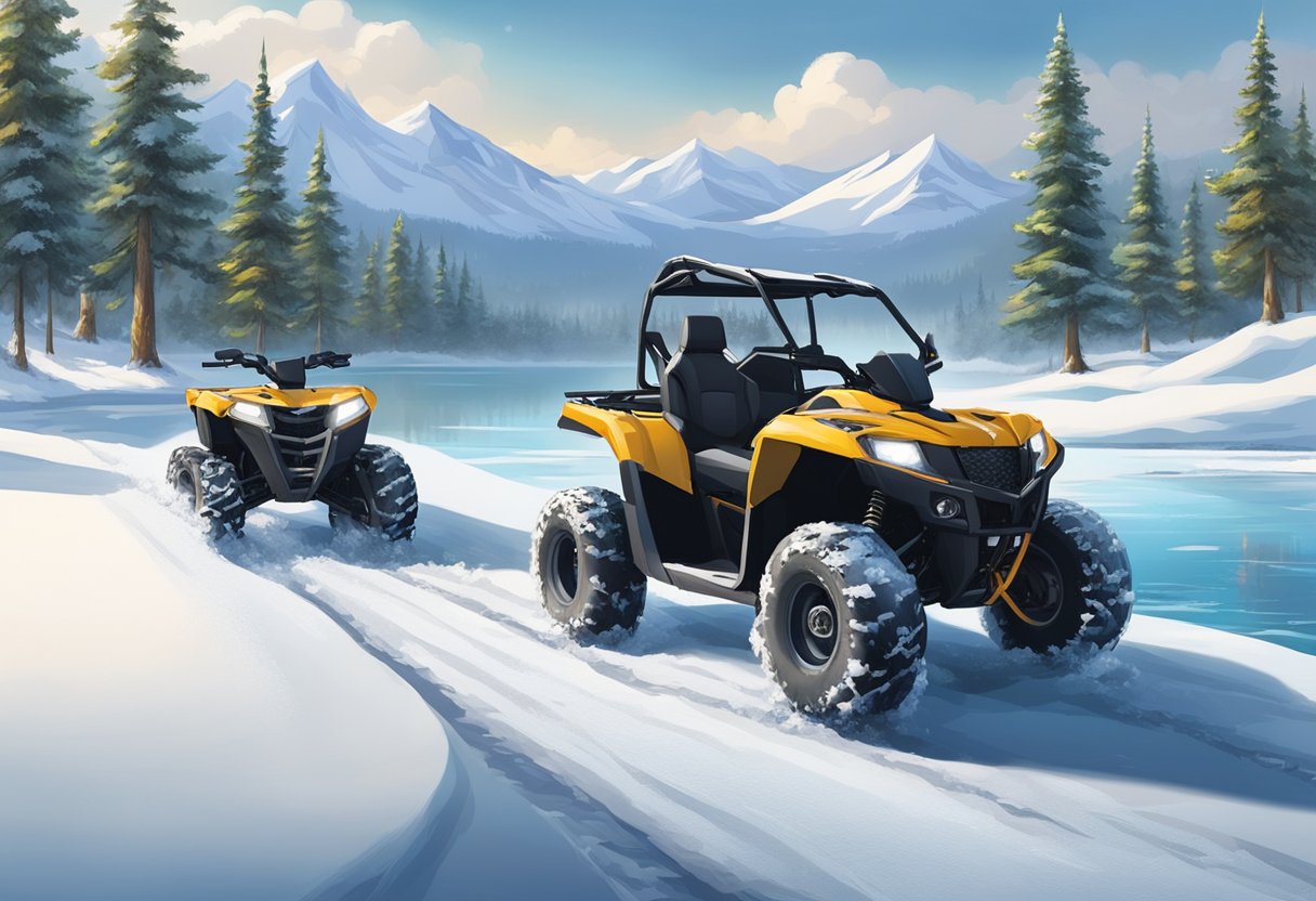 An ATV with snow tires navigating through a snowy trail, while a Side by Side vehicle equipped with ice traction solutions travels across a frozen lake