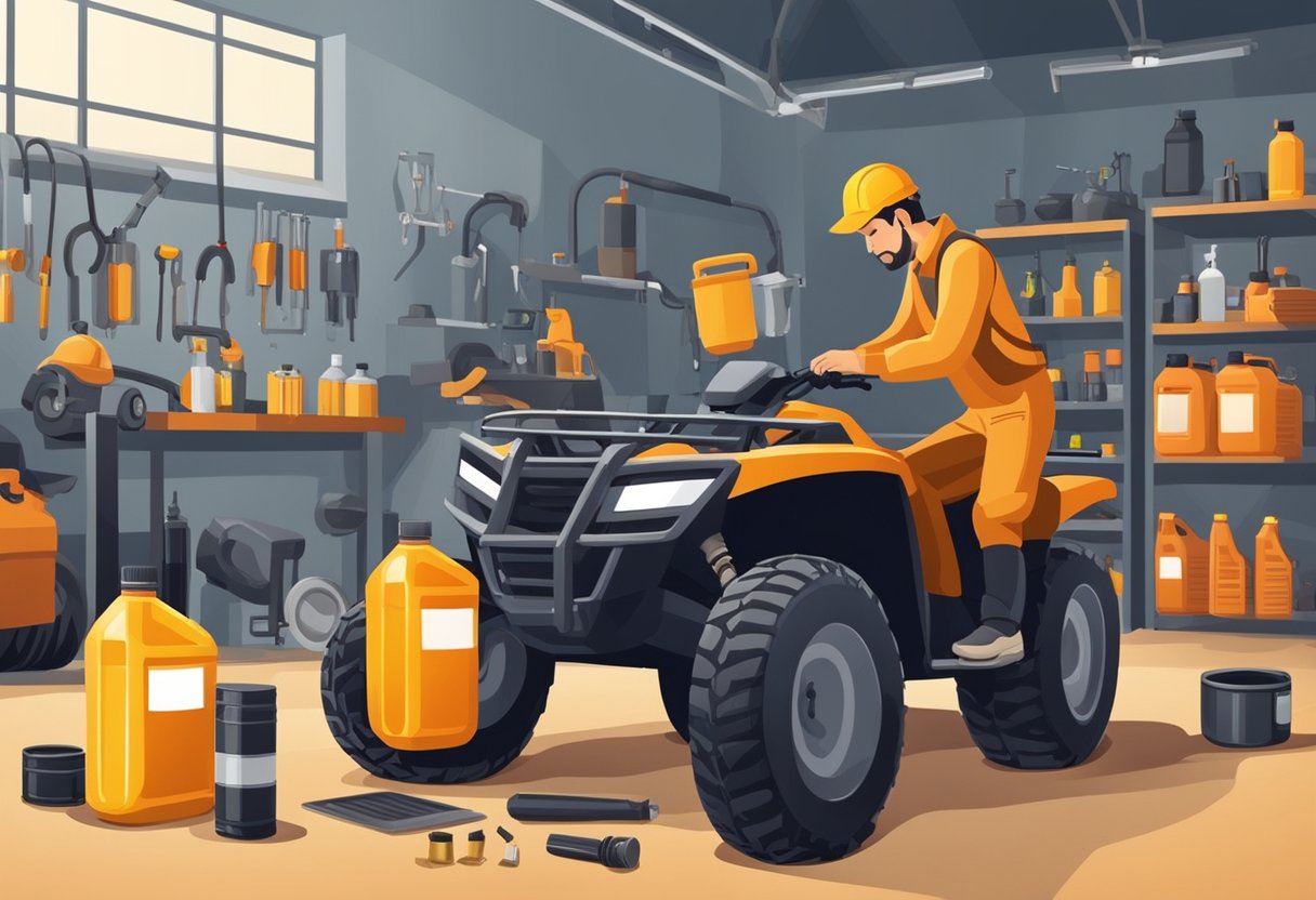 A mechanic drains oil from an ATV and side by side, removing the oil filter and filling with fresh oil. Tools and oil containers are scattered around the work area