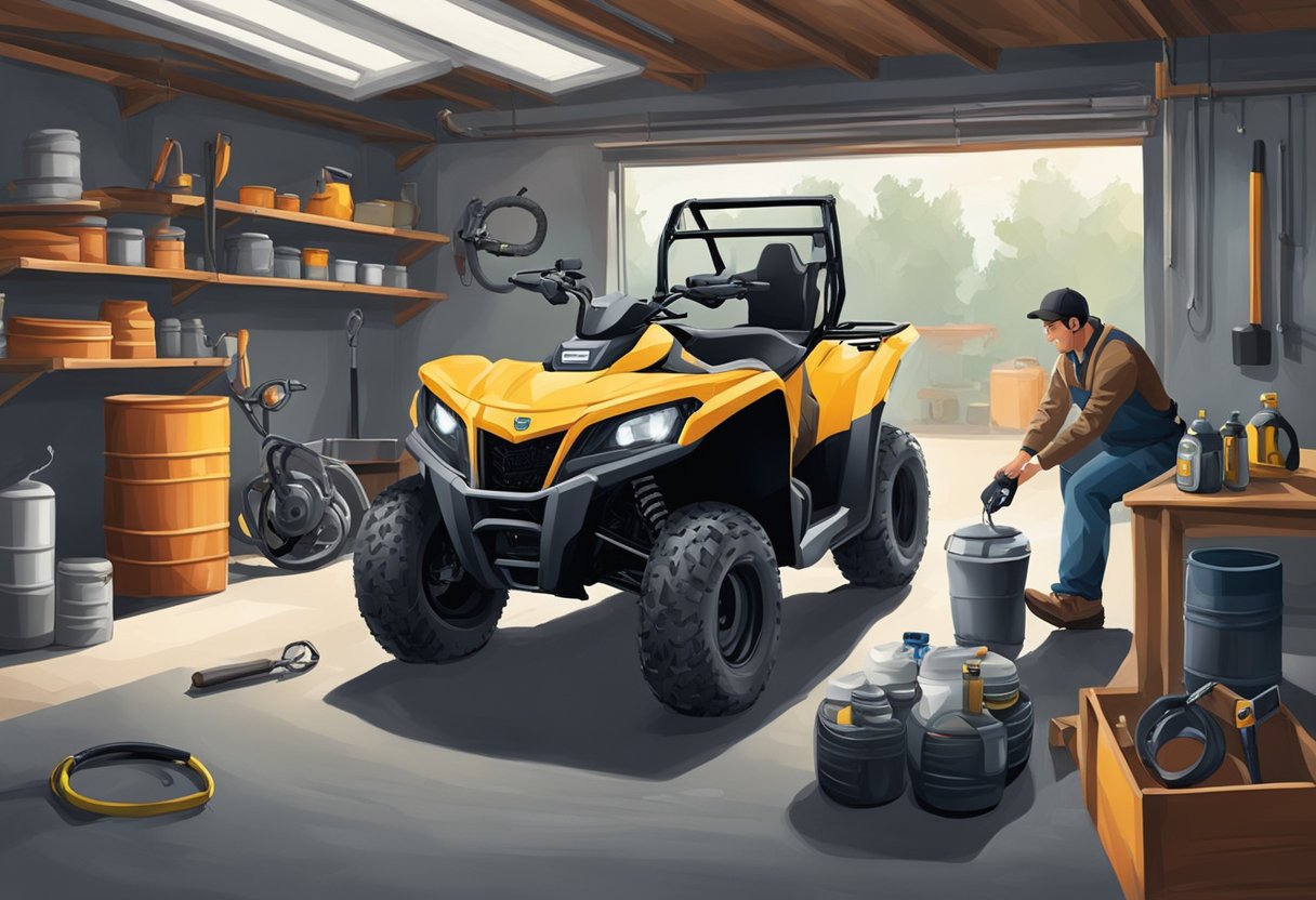 An ATV and side by side parked in a well-lit garage, surrounded by tools and oil. A person is seen draining oil and inspecting the vehicle