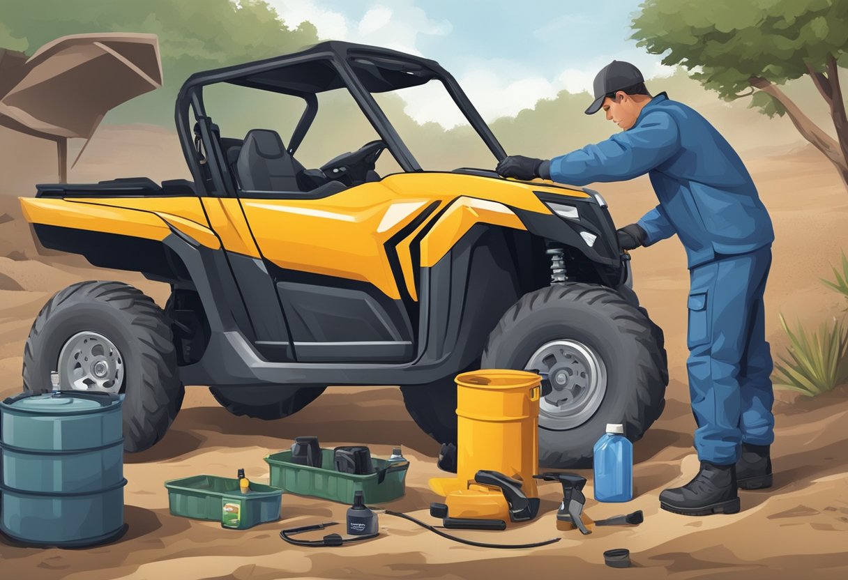 A mechanic draining oil from an ATV and side by side, with tools and oil containers nearby