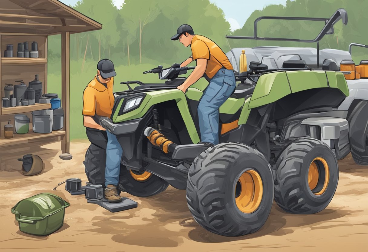 A person changing the oil on an ATV or side by side, with the vehicle elevated on a jack, draining the old oil into a pan, and replacing the oil filter