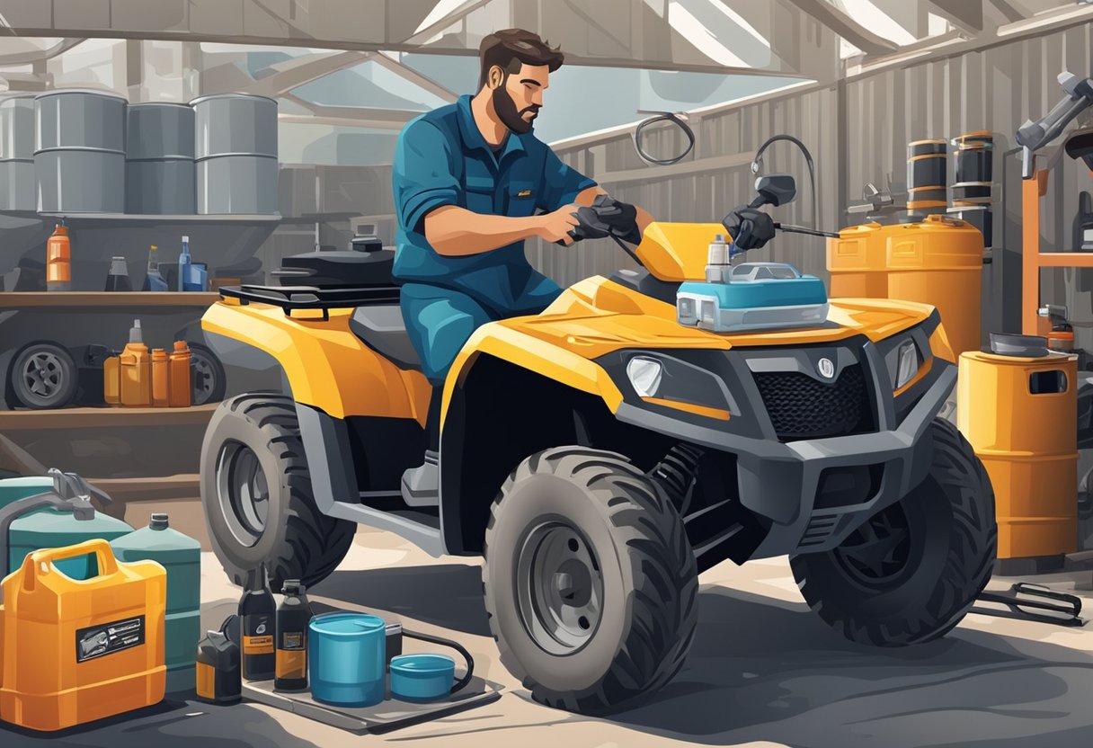 A mechanic draining oil from an ATV and side by side vehicles, with tools and oil containers nearby for a DIY maintenance procedure