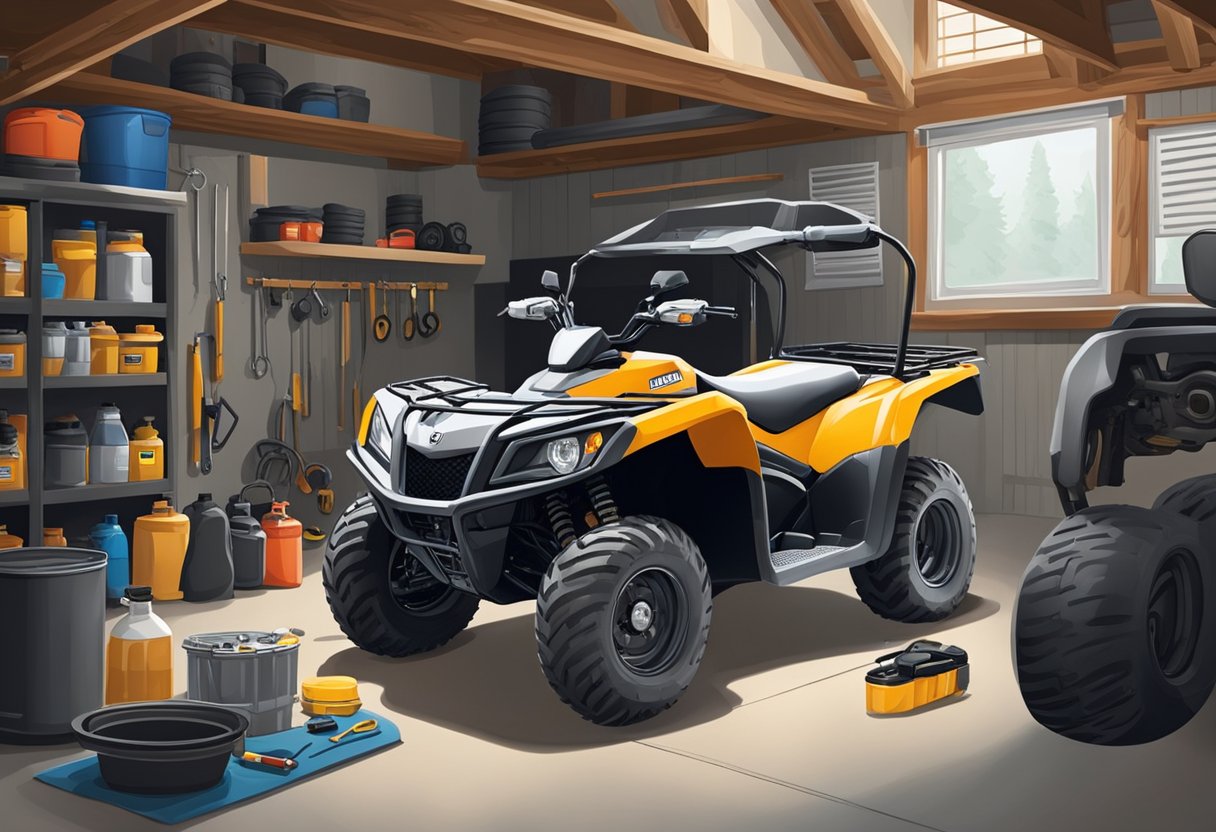 An ATV and side by side parked in a garage with tools, oil, and a drain pan nearby. The owner is following a step-by-step oil change procedure