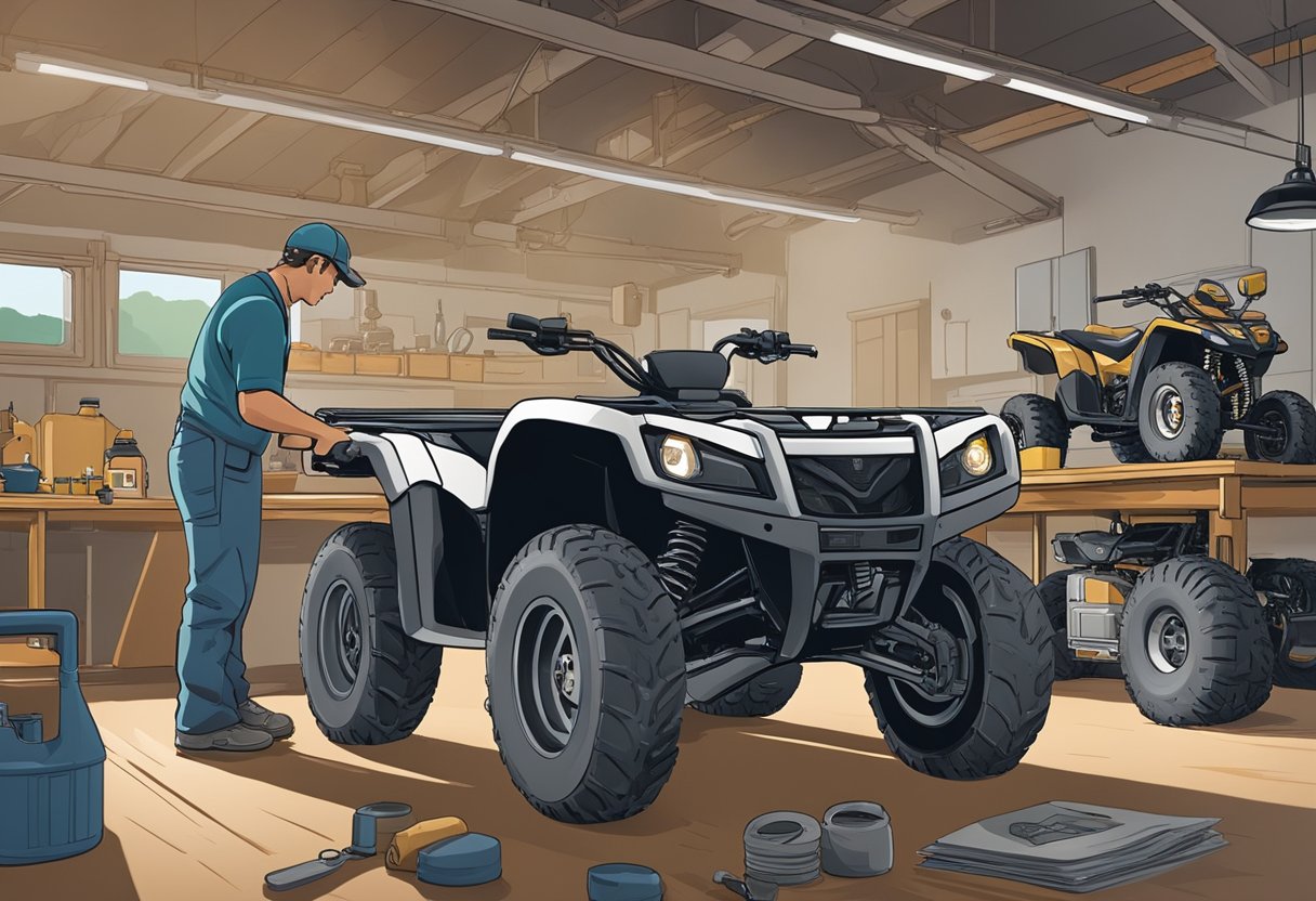 A mechanic pours engine oil into an ATV while comparing a guide to manufacturer recommendations for a side-by-side vehicle. Tools and parts are scattered on a workbench nearby