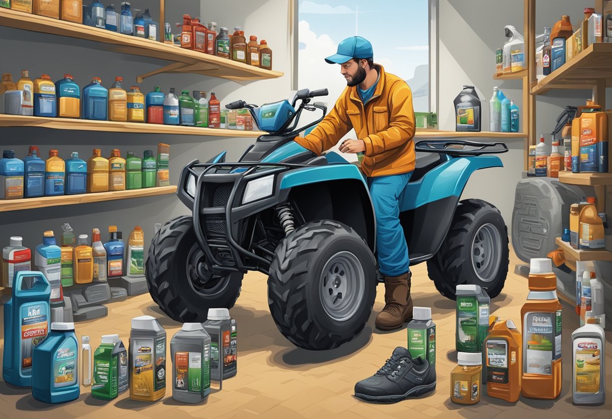 A mechanic comparing different oil products for an ATV and a Side by Side, surrounded by various oil containers and manufacturer manuals