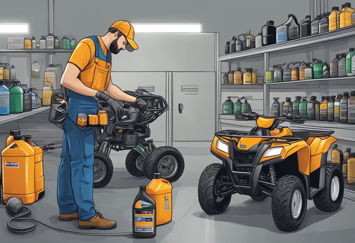 A mechanic comparing various ATV engine oils while referencing UTV manufacturer recommendations