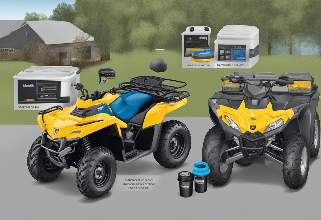 An ATV and a Side by Side parked side by side, with their oil filters highlighted and an illustration showing the different locations and methods for replacement