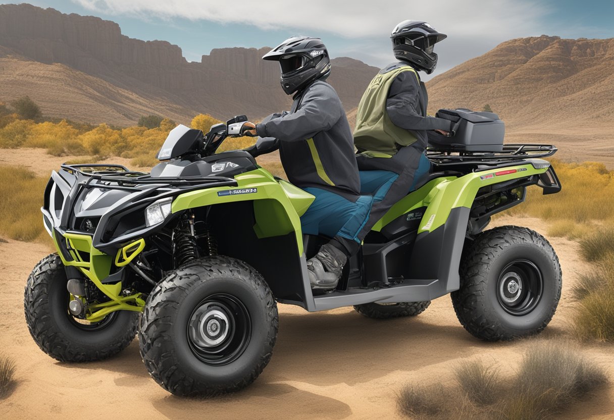 An ATV and a Side by Side are parked side by side. The oil filters are highlighted, showing the different locations and methods for replacement