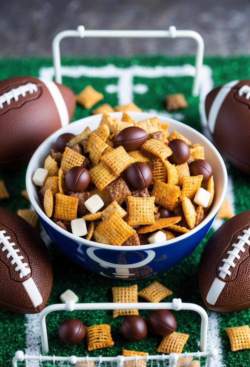 A bowl of football-themed Chex mix surrounded by footballs and goalposts