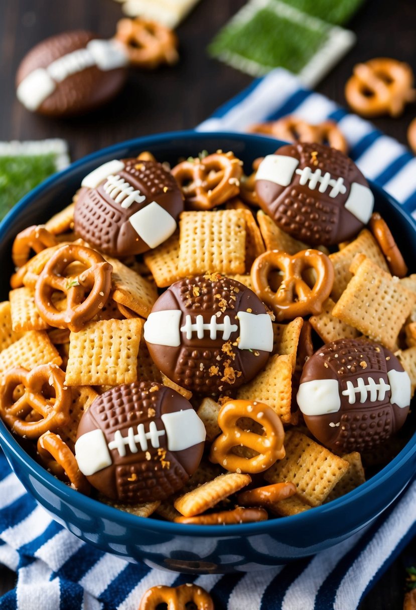 A bowl of soccer-themed snack mix with football-shaped chex, pretzels, and cheese crackers, drizzled with a buttery seasoning