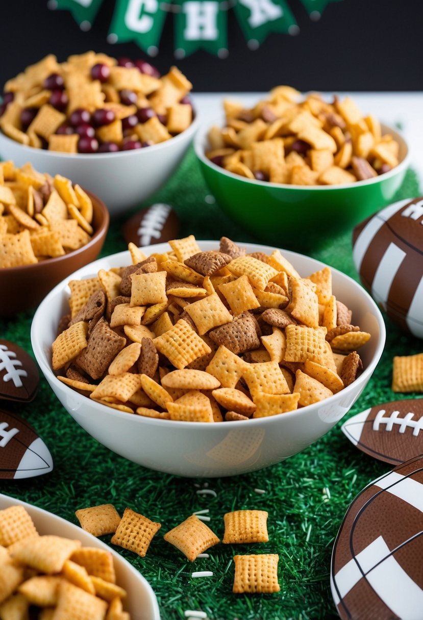 A table spread with bowls of Chex Mix, surrounded by football-themed decorations