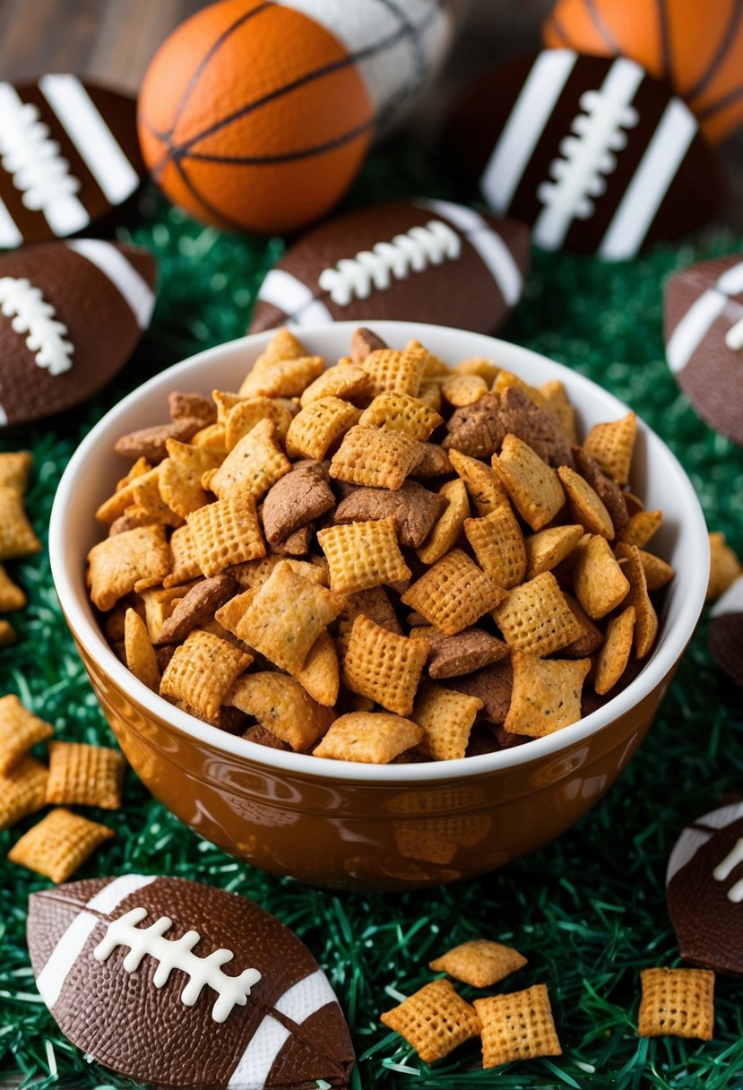 A bowl of classic brown Puppy Chow Chex Mix surrounded by football-themed decorations