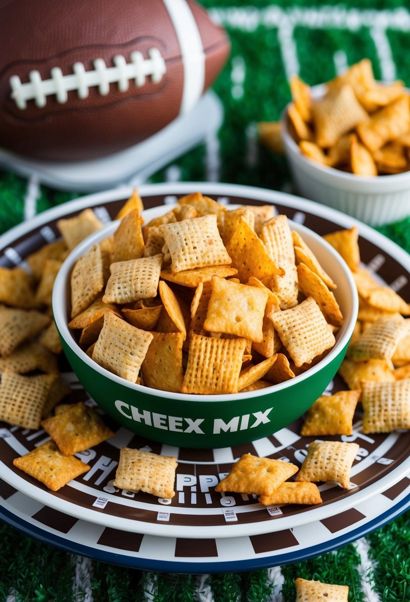 A bowl of Garlic Rye Chip Chex Mix sits on a football-themed serving platter, surrounded by other game day snacks