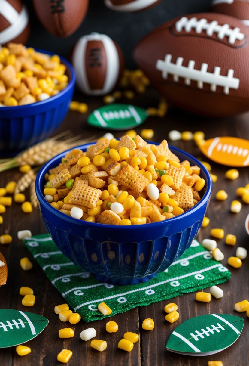 A bowl of Corn and Wheat Game Day Mix sits on a table surrounded by football-themed decorations