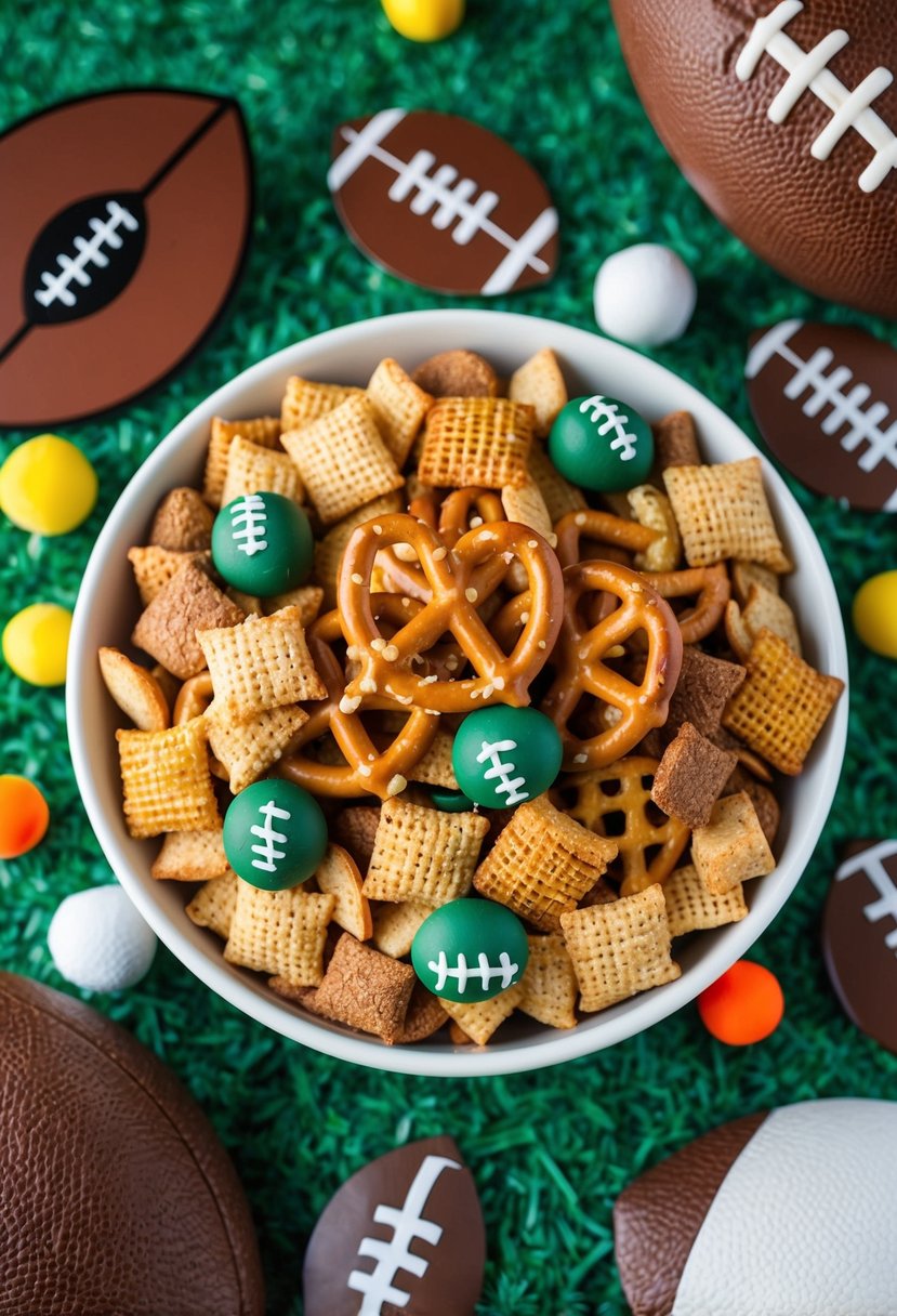 A bowl of honey-roasted pretzel delight football chex mix surrounded by football-themed decorations