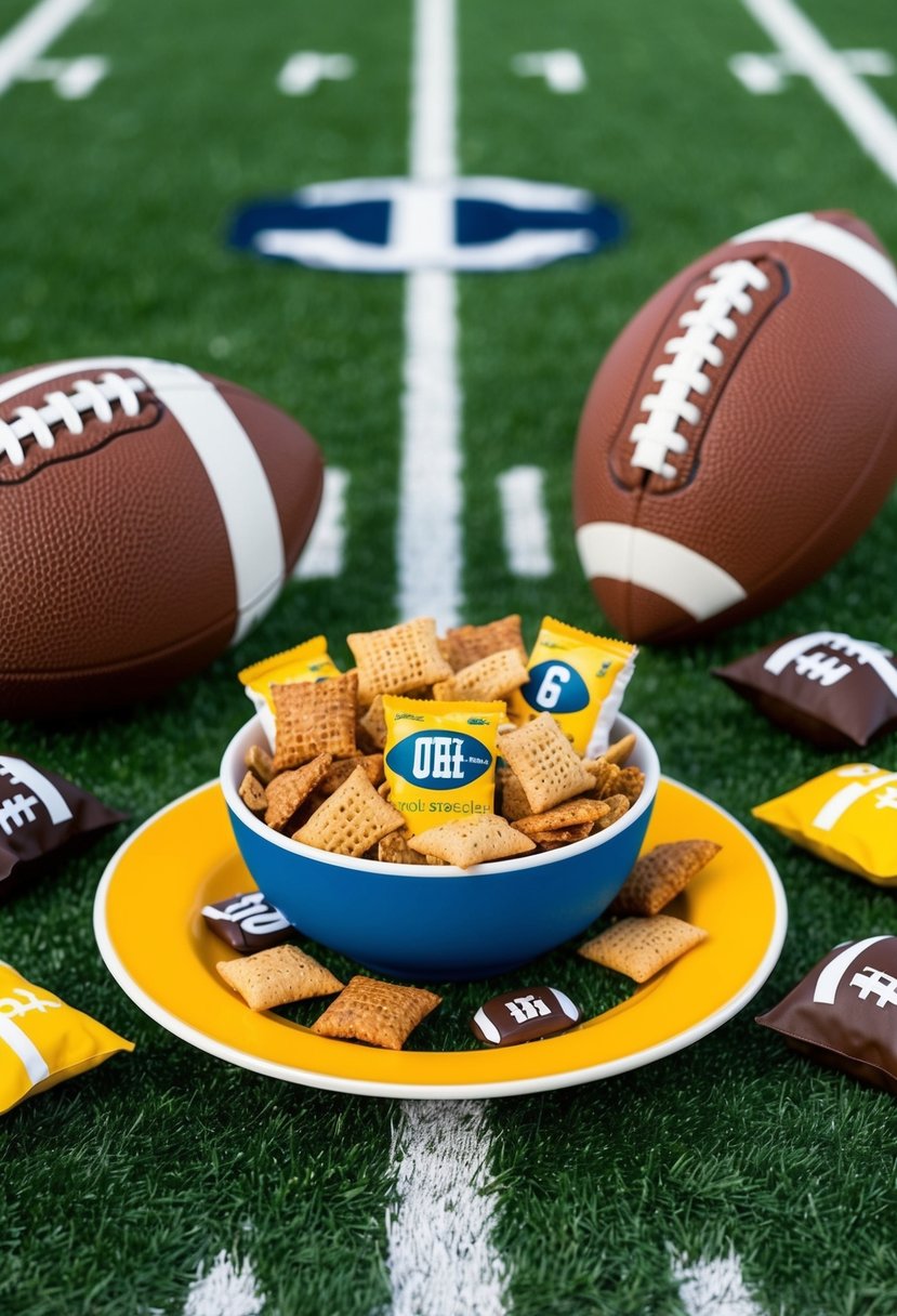 A football field with a bowl of quarterback cereal treat bars and chex mix, surrounded by football-themed decorations