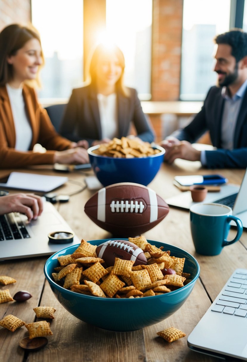 A cozy workspace with a bowl of football-themed Chex mix surrounded by coworkers