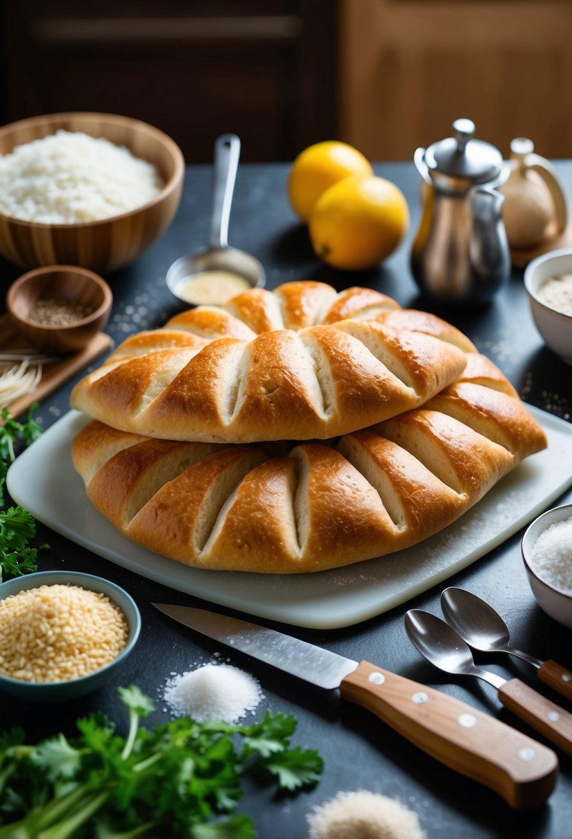 An array of ingredients and utensils surround a cutting board with freshly baked pocket bread, ready for filling and folding