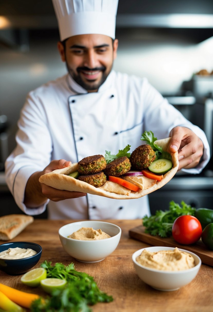 A chef fills a pita pocket with falafel, hummus, and fresh vegetables