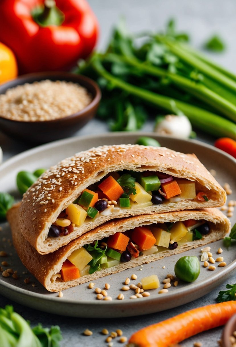 An open whole wheat pocket bread filled with various ingredients, surrounded by fresh vegetables and grains