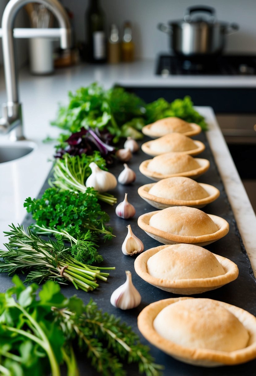 A kitchen counter with assorted fresh herbs, garlic cloves, and pita pockets arranged in a neat row