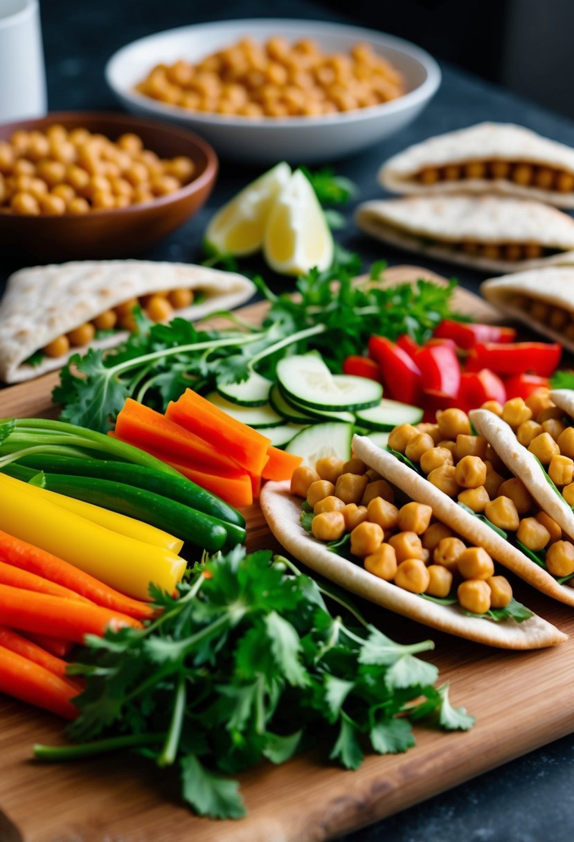 A colorful array of fresh vegetables, chickpeas, and pita bread arranged on a wooden cutting board, ready to be assembled into delicious vegan chickpea pita pockets