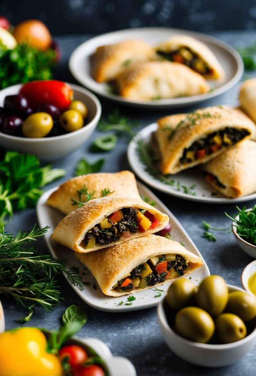 A table set with an assortment of Mediterranean stuffed pocket breads, surrounded by fresh herbs, olives, and colorful vegetables