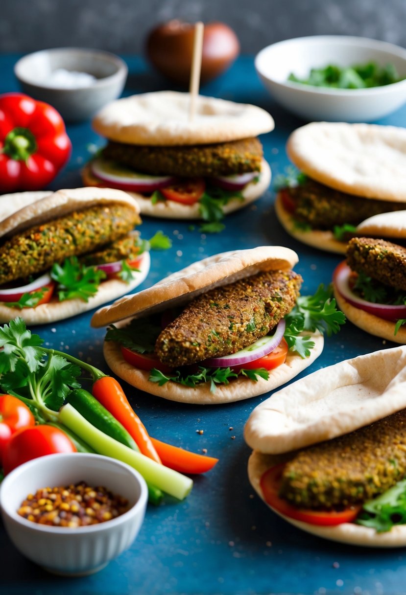 A colorful spread of spicy falafel, fresh veggies, and pocket bread, ready to be assembled into delicious pita sandwiches