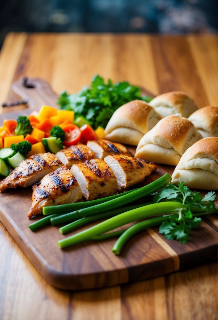 A colorful spread of grilled chicken, fresh vegetables, and pocket bread on a wooden cutting board