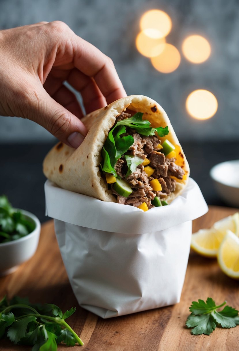 A lamb gyro pita bread being stuffed with fresh ingredients and folded into a pocket