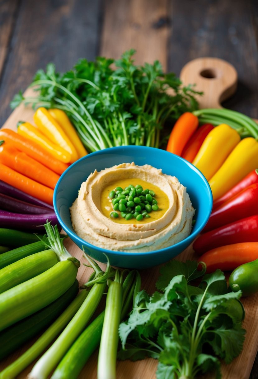 A colorful array of fresh vegetables and a bowl of creamy hummus arranged on a wooden cutting board