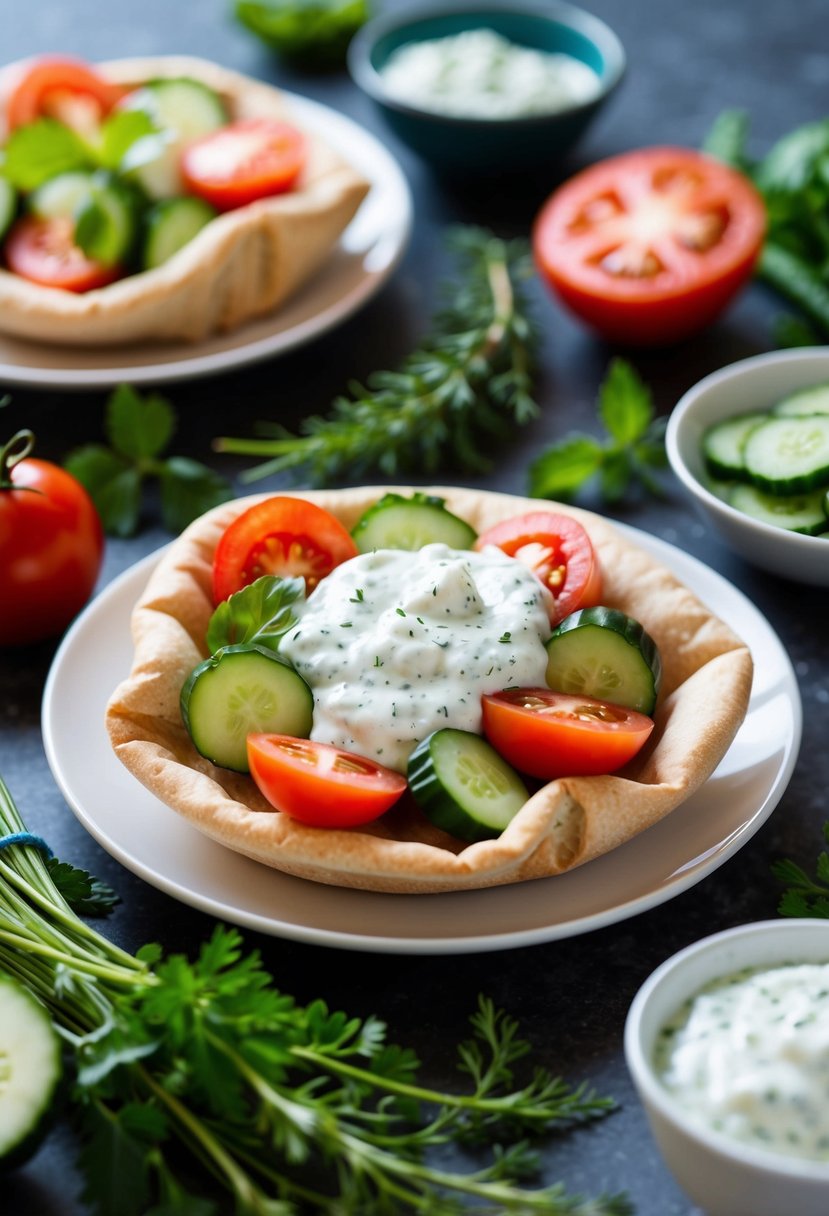 A table set with pita pockets filled with tzatziki sauce, cucumber, and tomato slices, surrounded by fresh herbs and ingredients