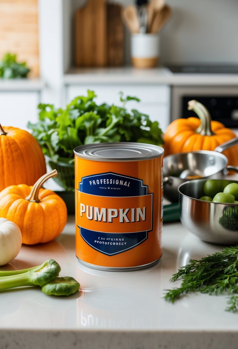 A can of pumpkin surrounded by fresh produce and cooking utensils on a clean, modern kitchen counter