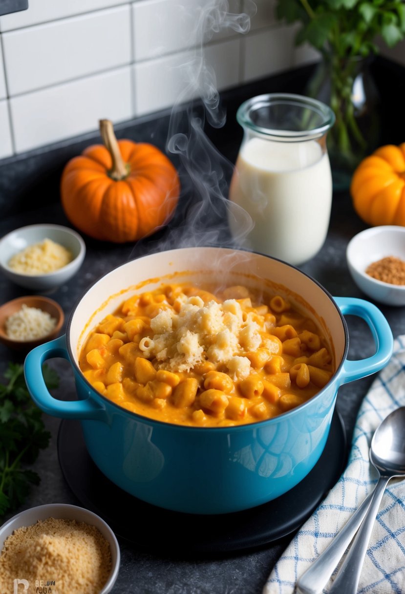 A cozy kitchen with a steaming pot of creamy pumpkin mac 'n' cheese surrounded by fresh ingredients like nutritional yeast and almond milk