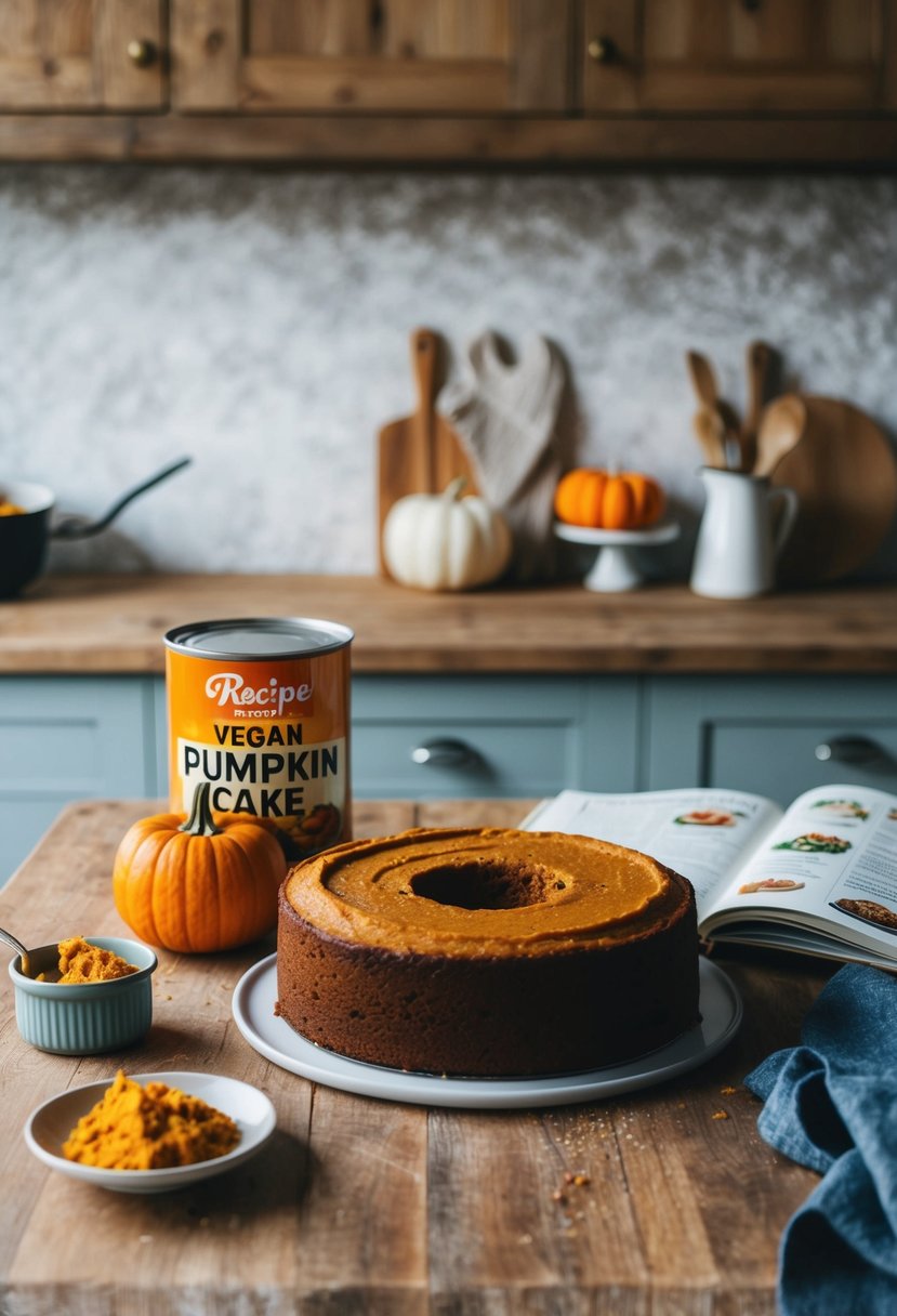 A rustic kitchen counter with a freshly baked vegan pumpkin cake, a can of pumpkin puree, and a recipe book open to a page of vegan recipes