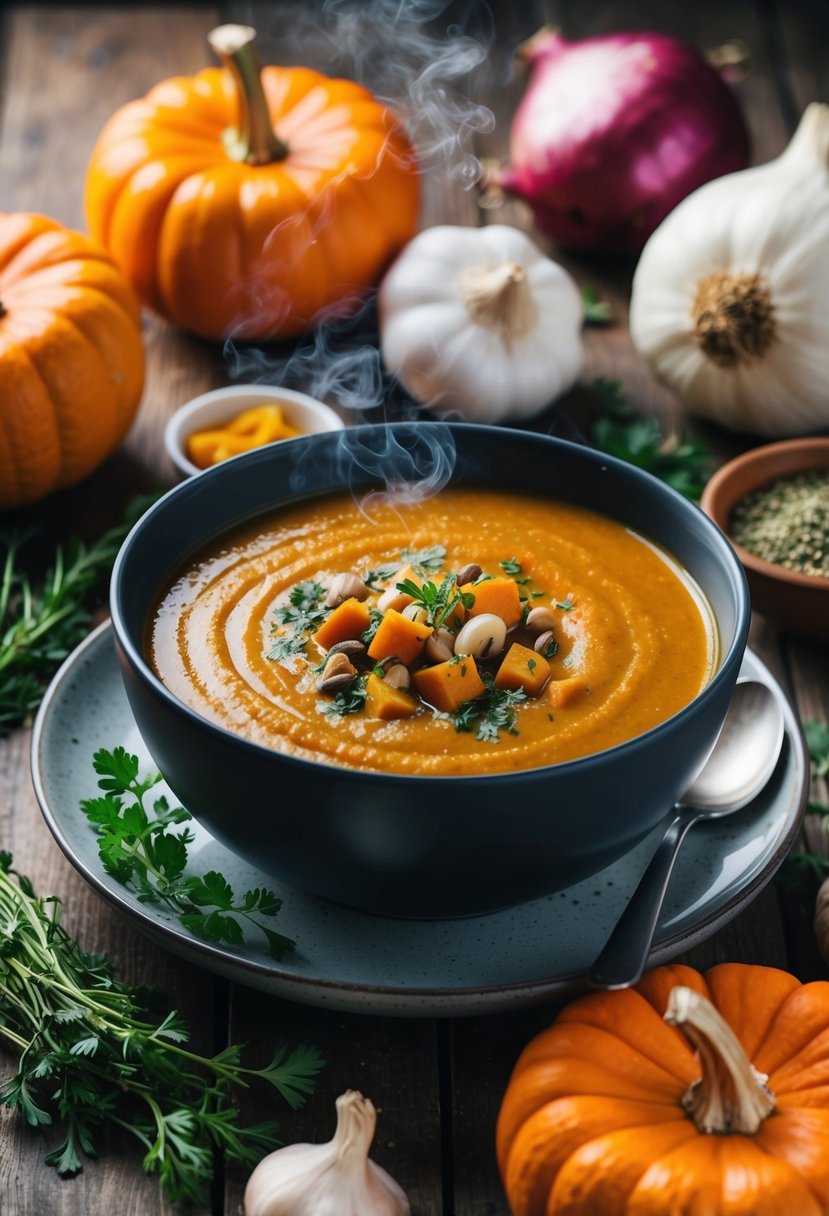 A steaming bowl of vegan pumpkin soup surrounded by ingredients like canned pumpkin, onions, garlic, and herbs on a rustic wooden table