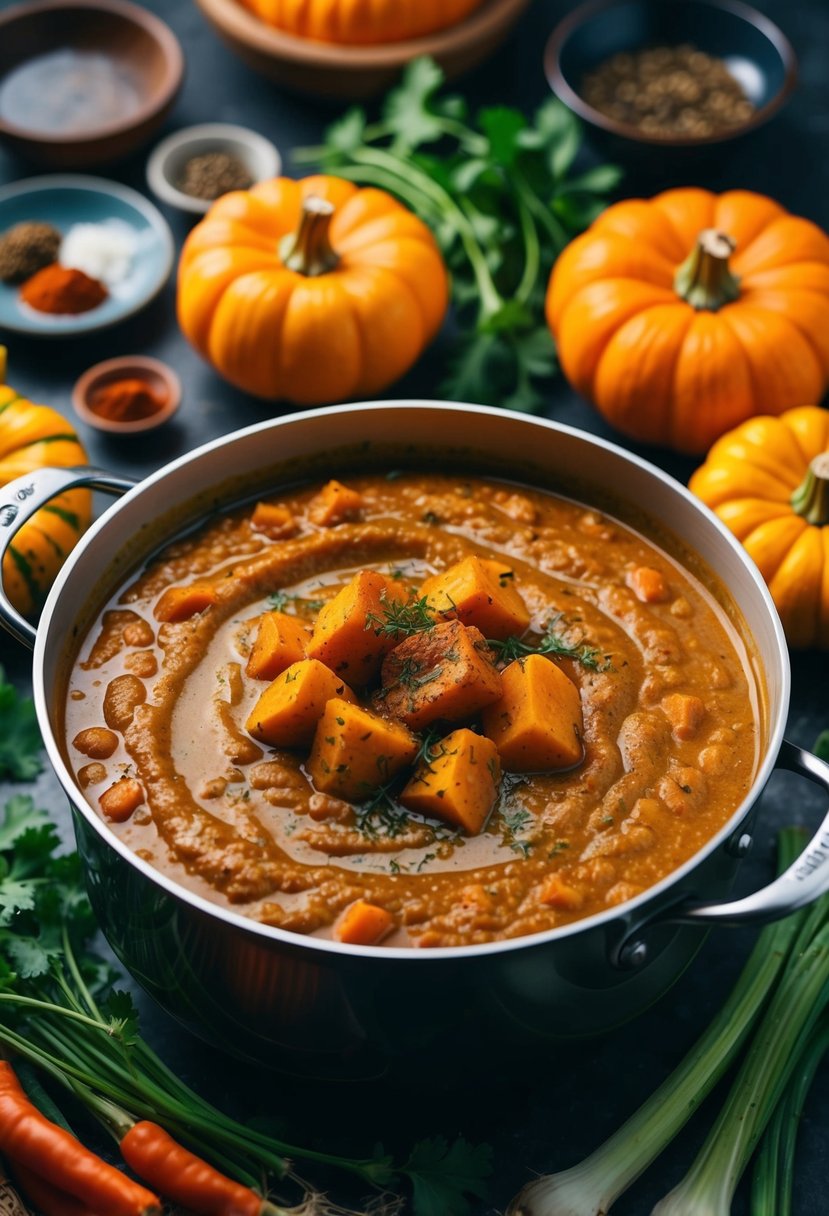 A bubbling pot of pumpkin curry surrounded by colorful vegetables and aromatic spices