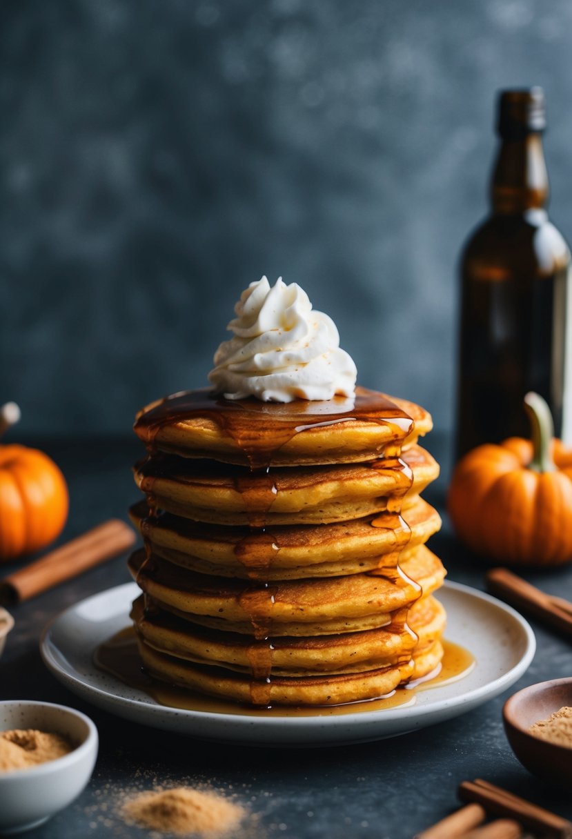 A stack of fluffy vegan pumpkin pancakes topped with maple syrup and a dollop of coconut whipped cream, surrounded by a scattering of cinnamon and nutmeg