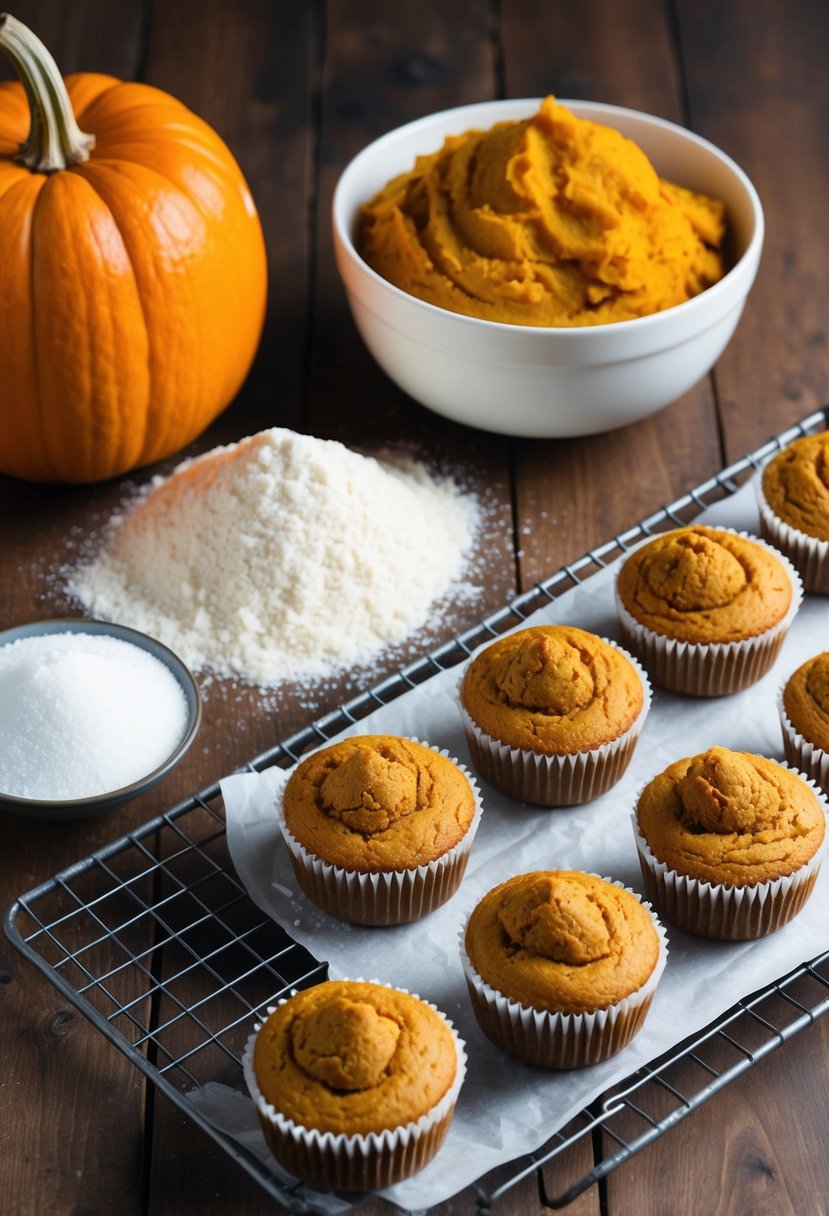 A bowl of canned pumpkin sits next to a pile of flour and sugar, while a tray of freshly baked vegan pumpkin muffins cools on a wire rack