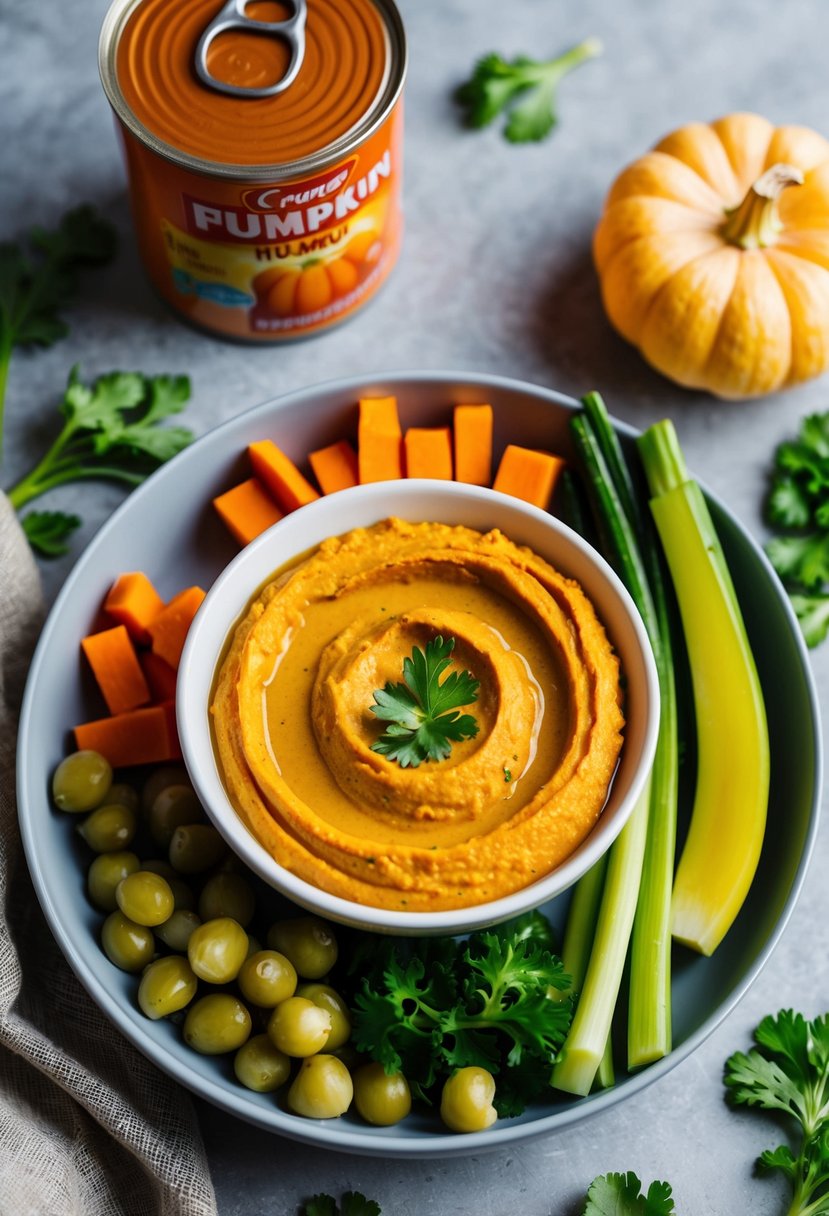 A bowl of creamy pumpkin hummus surrounded by fresh vegetables and a can of canned pumpkin