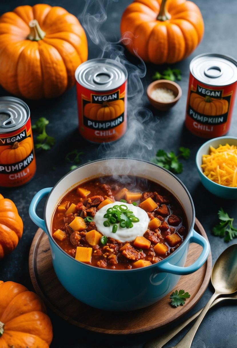 A steaming pot of vegan pumpkin chili surrounded by cans of pumpkin and recipe ingredients