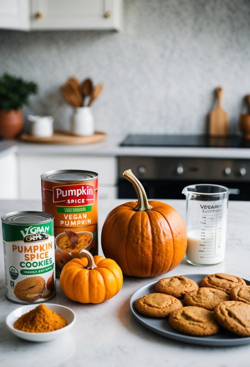 A kitchen counter with ingredients for pumpkin spice cookies, including canned pumpkin and a recipe for vegan cookies