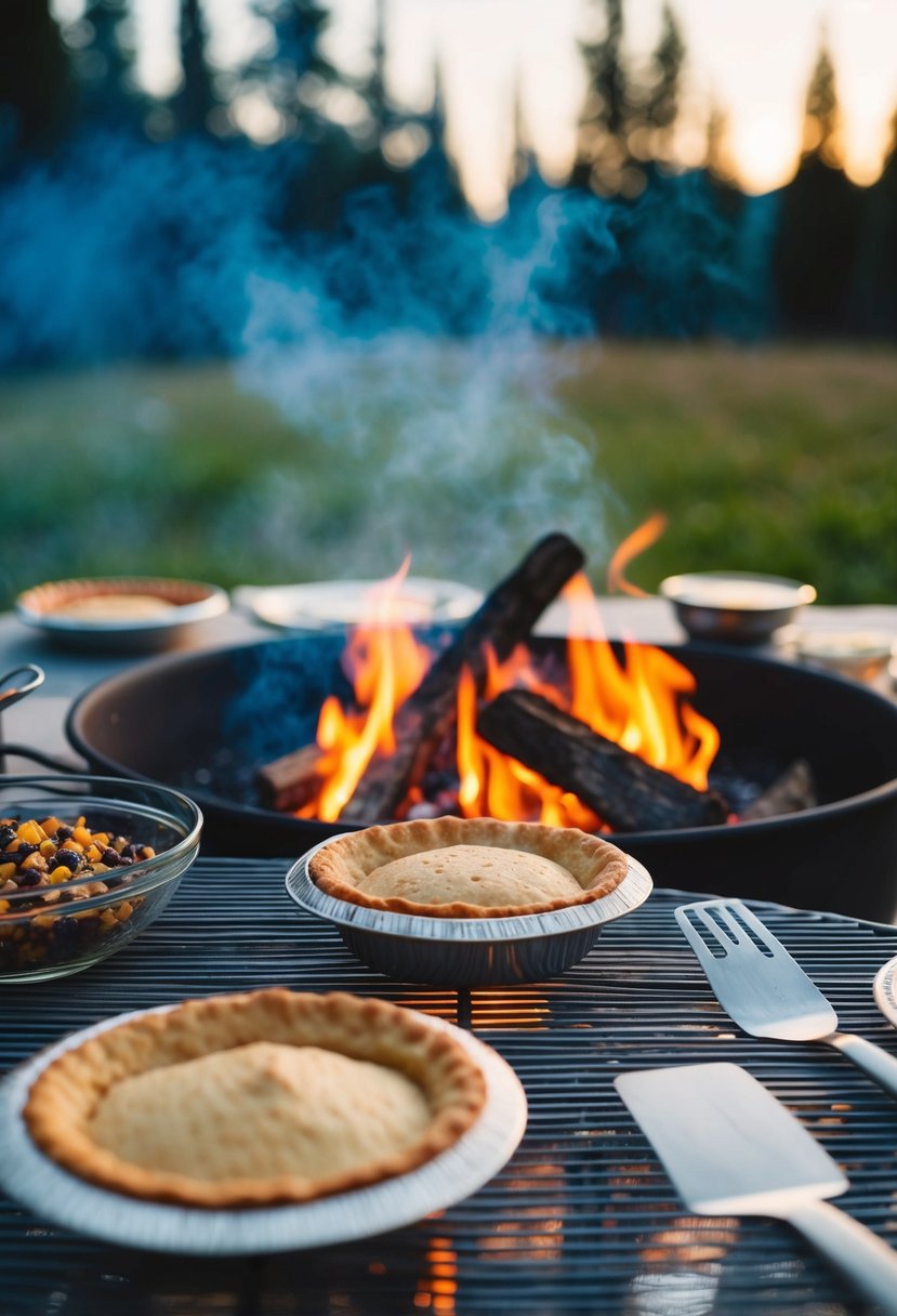 A table set with ingredients and utensils for making pudgy pies over a campfire