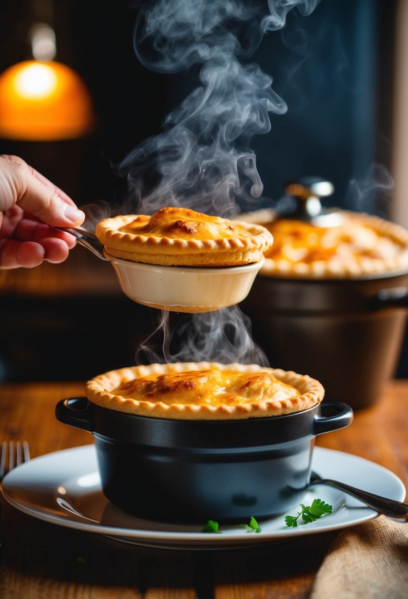 A steaming chicken pot pudgy pie being served at a dinner table