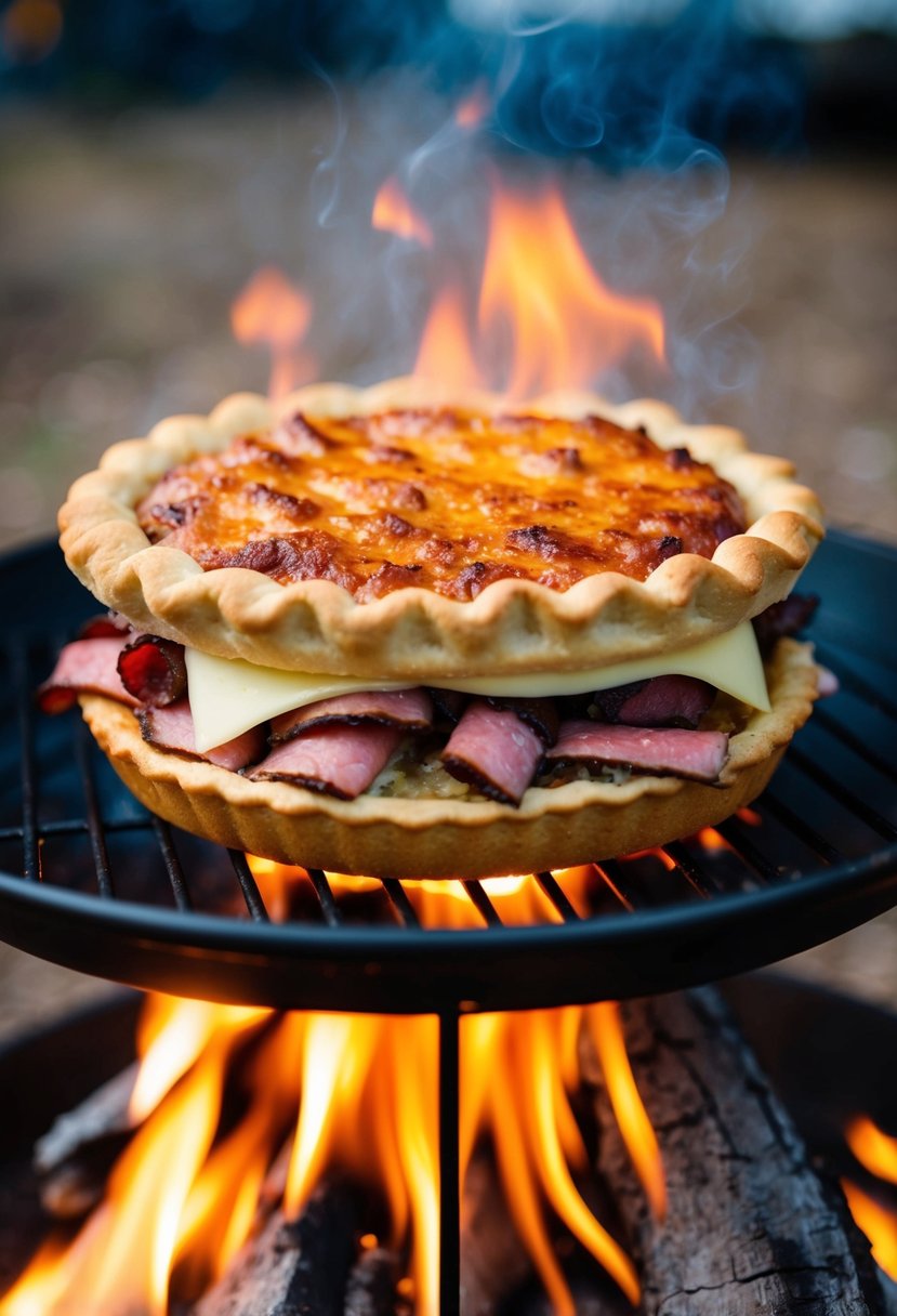 A pudgy pie filled with pastrami and Swiss cheese sizzling over a campfire