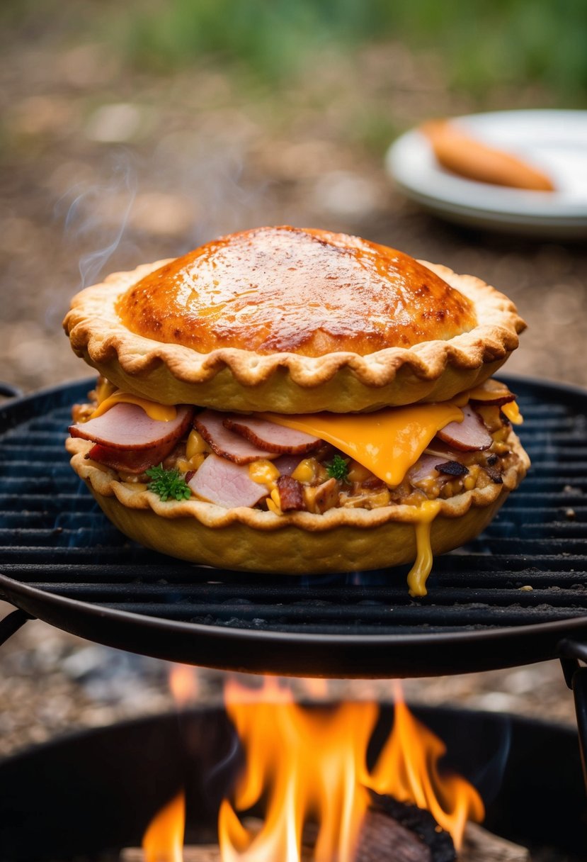 A golden-brown pudgy pie filled with ham, melted jack cheese, and savory ingredients, sizzling on a campfire grill